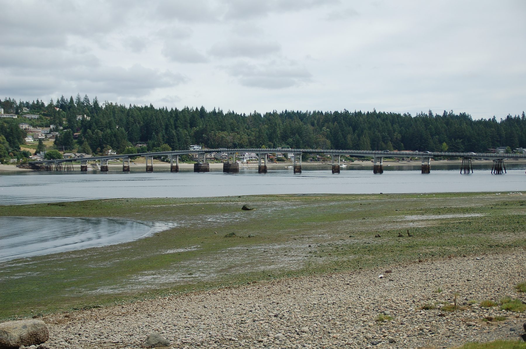 The Fox Island Bridge crossing Hale Passage toward the tree-lined island shore