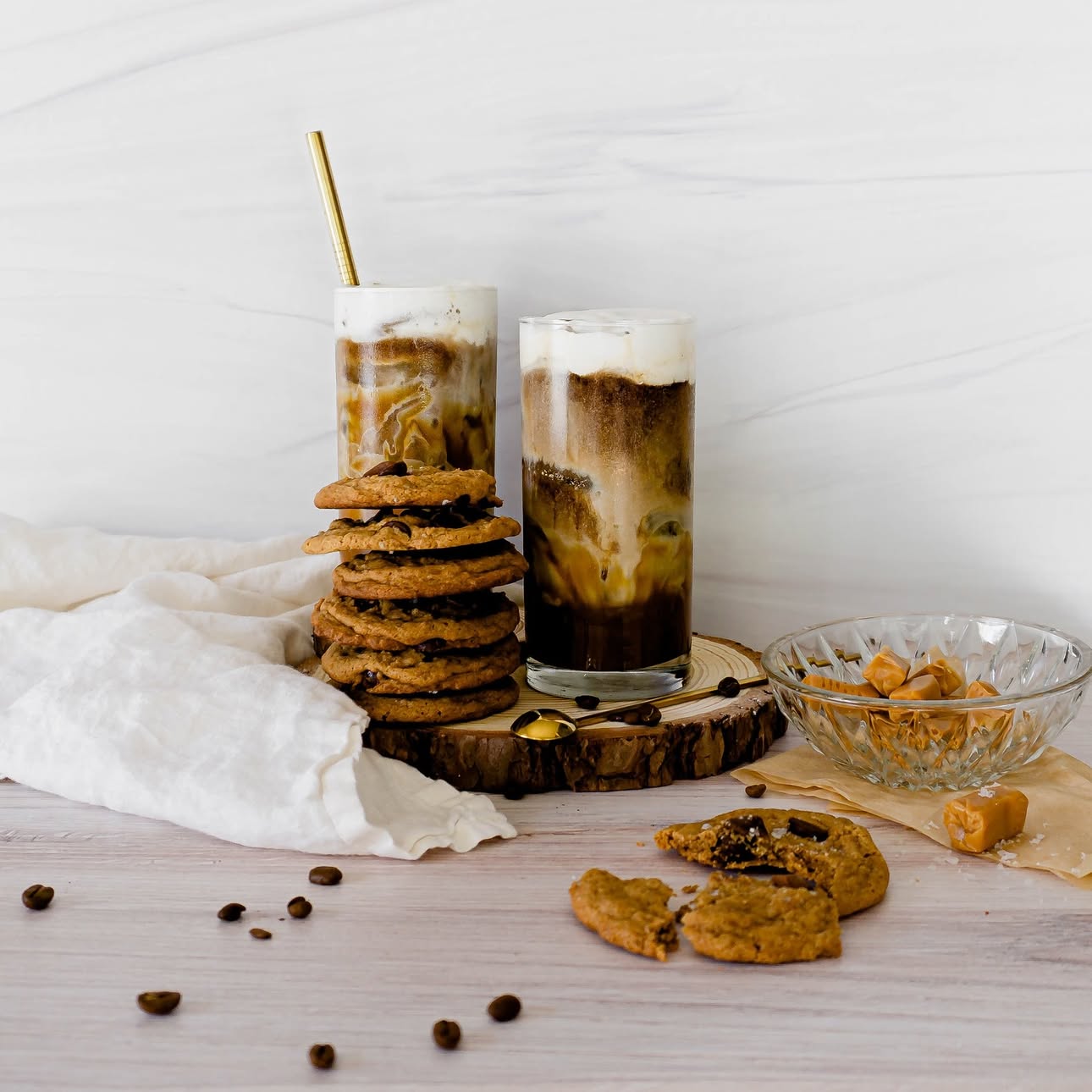 Two iced Caramel Cookie Cold Brew drinks with cookies at Cutter's Point Coffee
