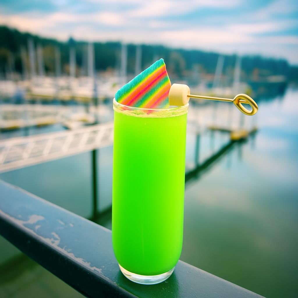 A green Leprechaun Mimosa with a rainbow candy garnish at Devoted Kiss Cafe, with the marina behind