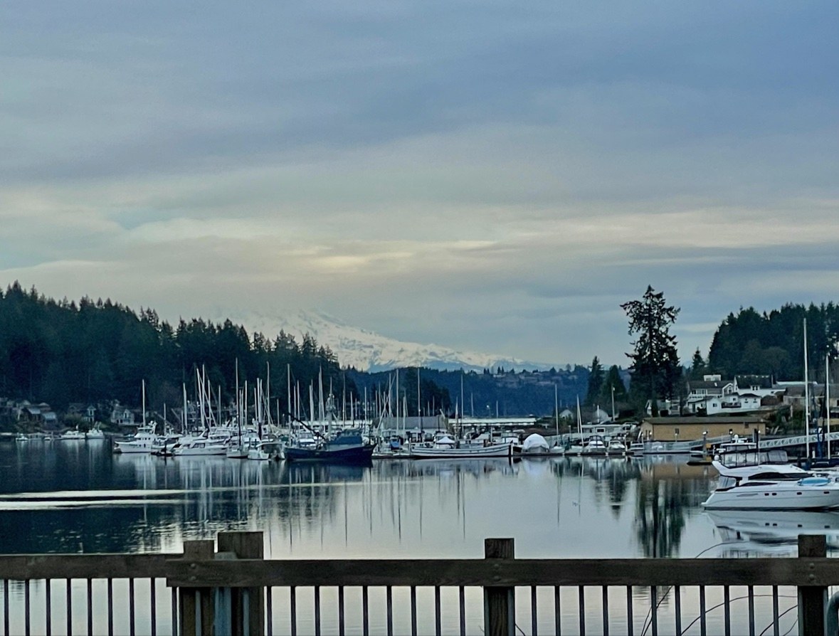 Sailboats in the Gig Harbor marina with snow-capped Mount Rainier rising behind the treeline
