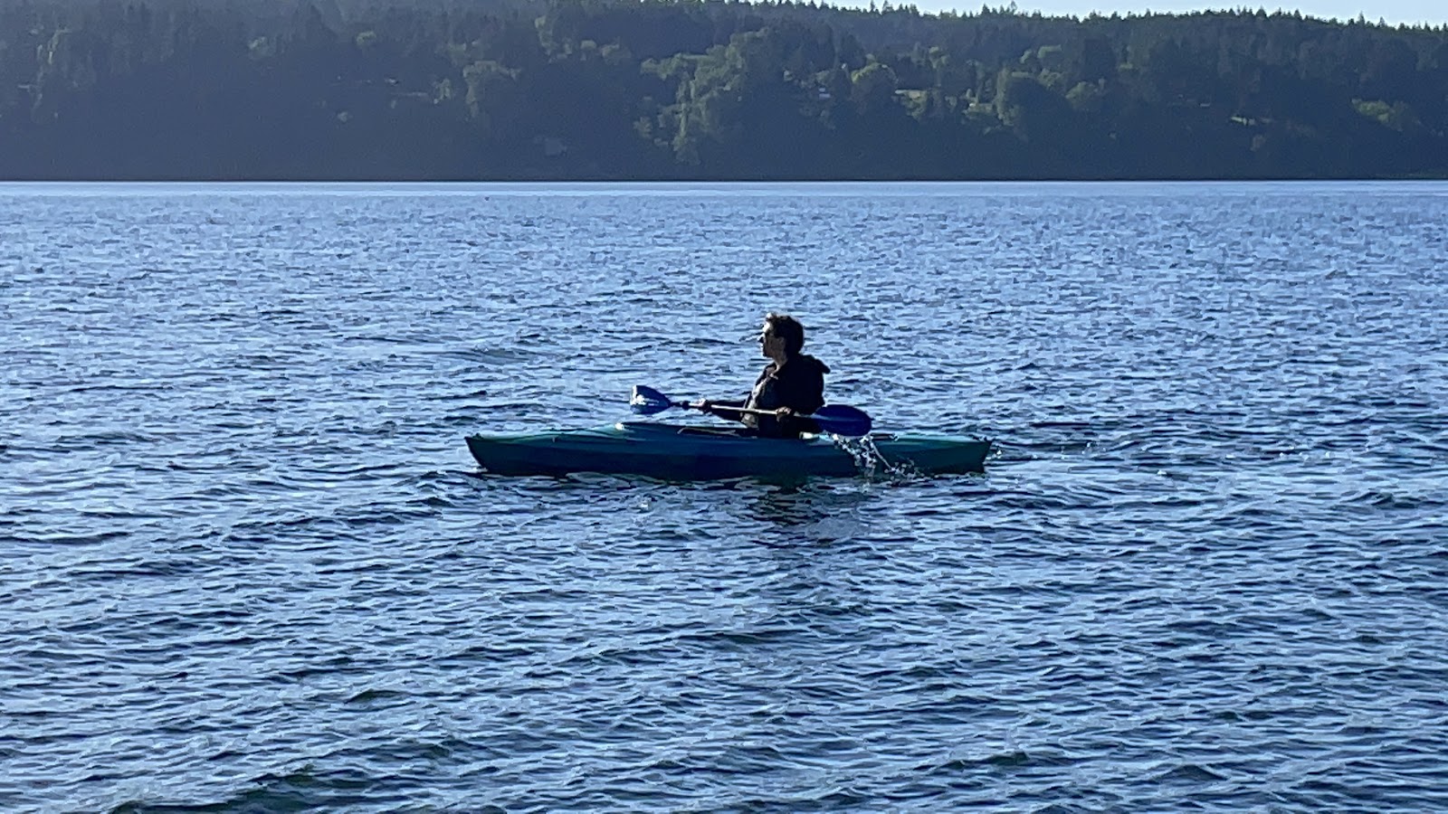 A kayaker paddling on the bay