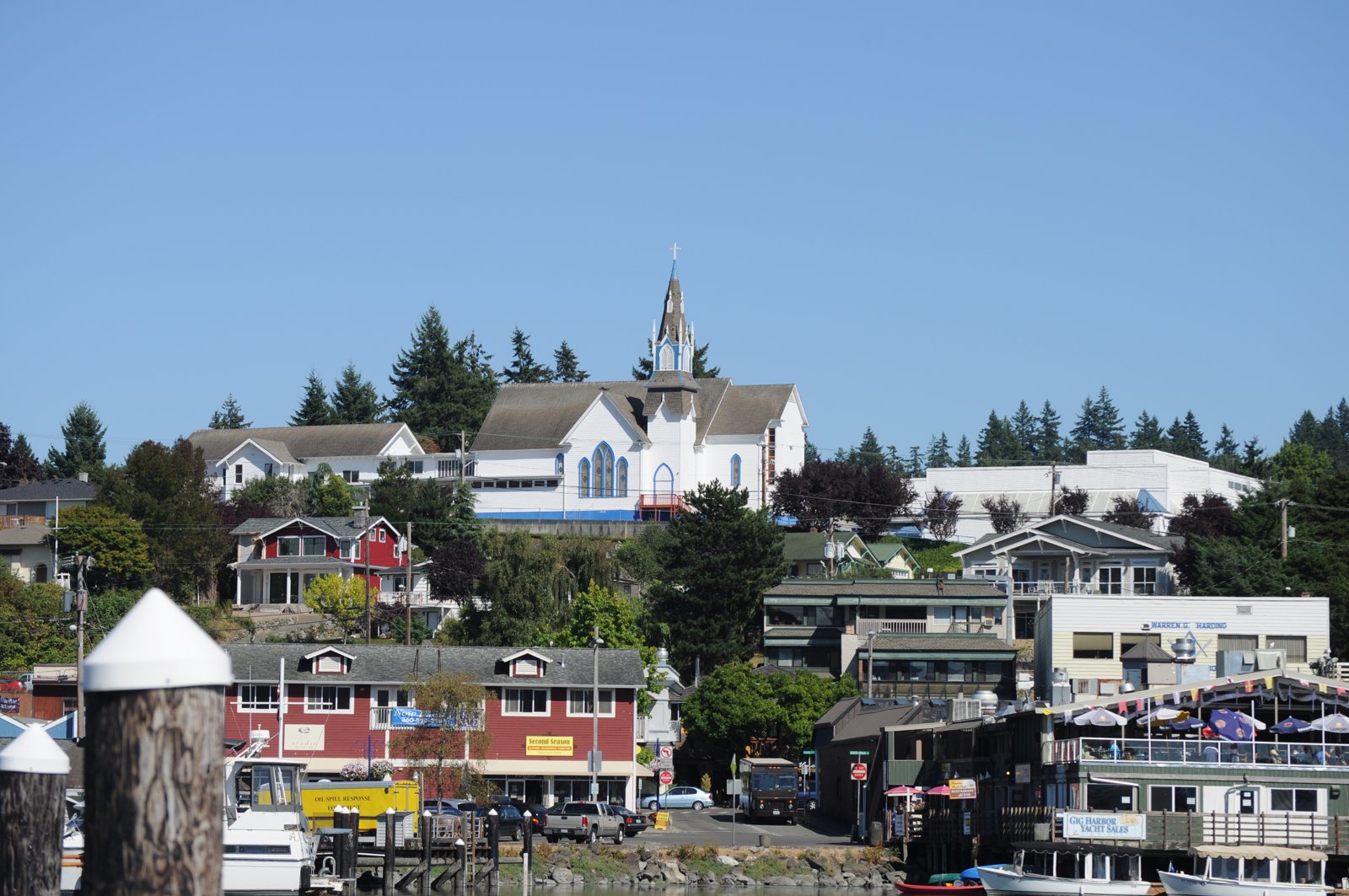 Poulsbo, Washington seen from Guest Marina in Liberty Bay, with colorful waterfront buildings and boats