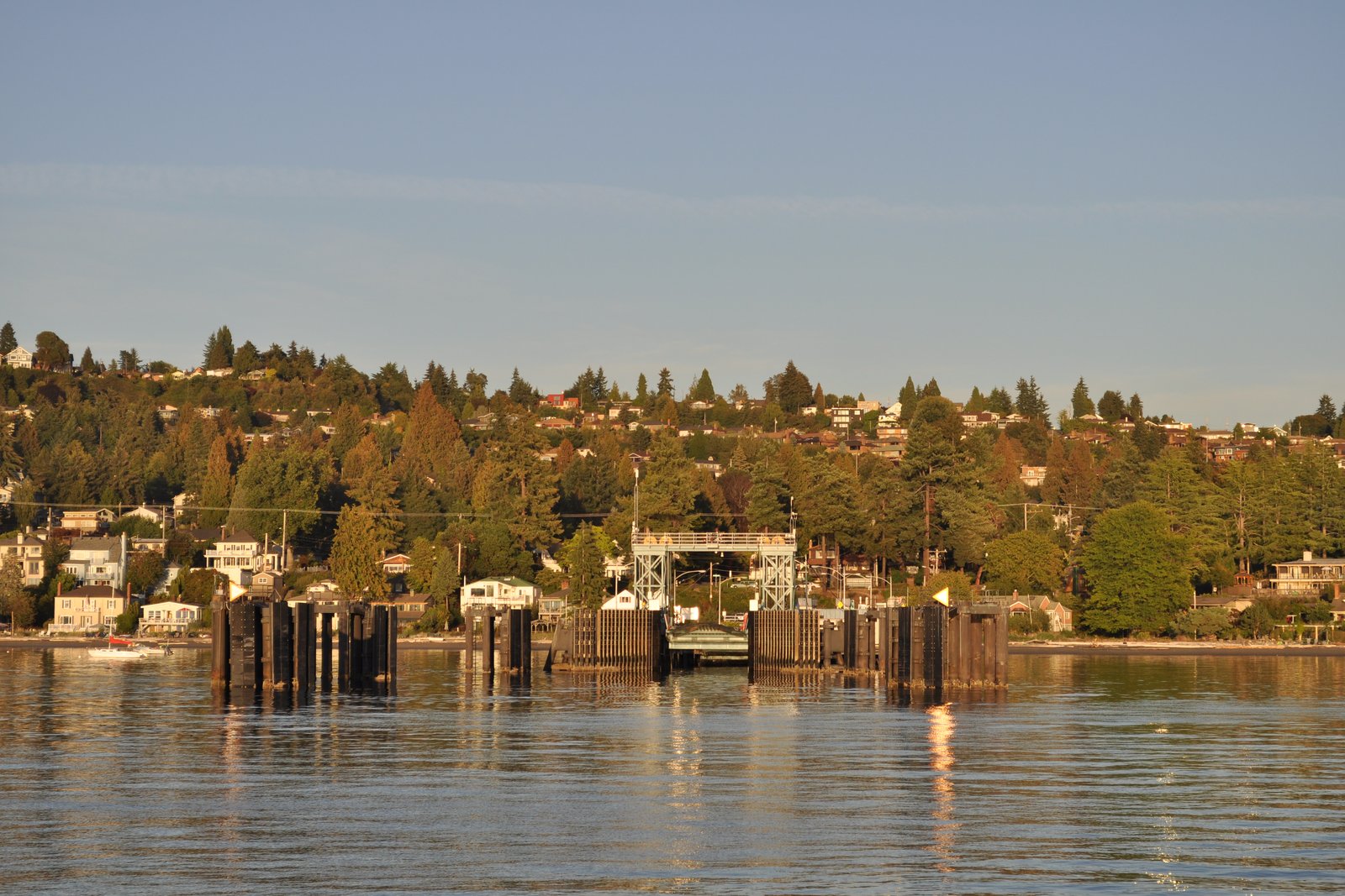 The Fauntleroy ferry dock in West Seattle seen from the water at golden hour, with the tree-lined shore behind it
