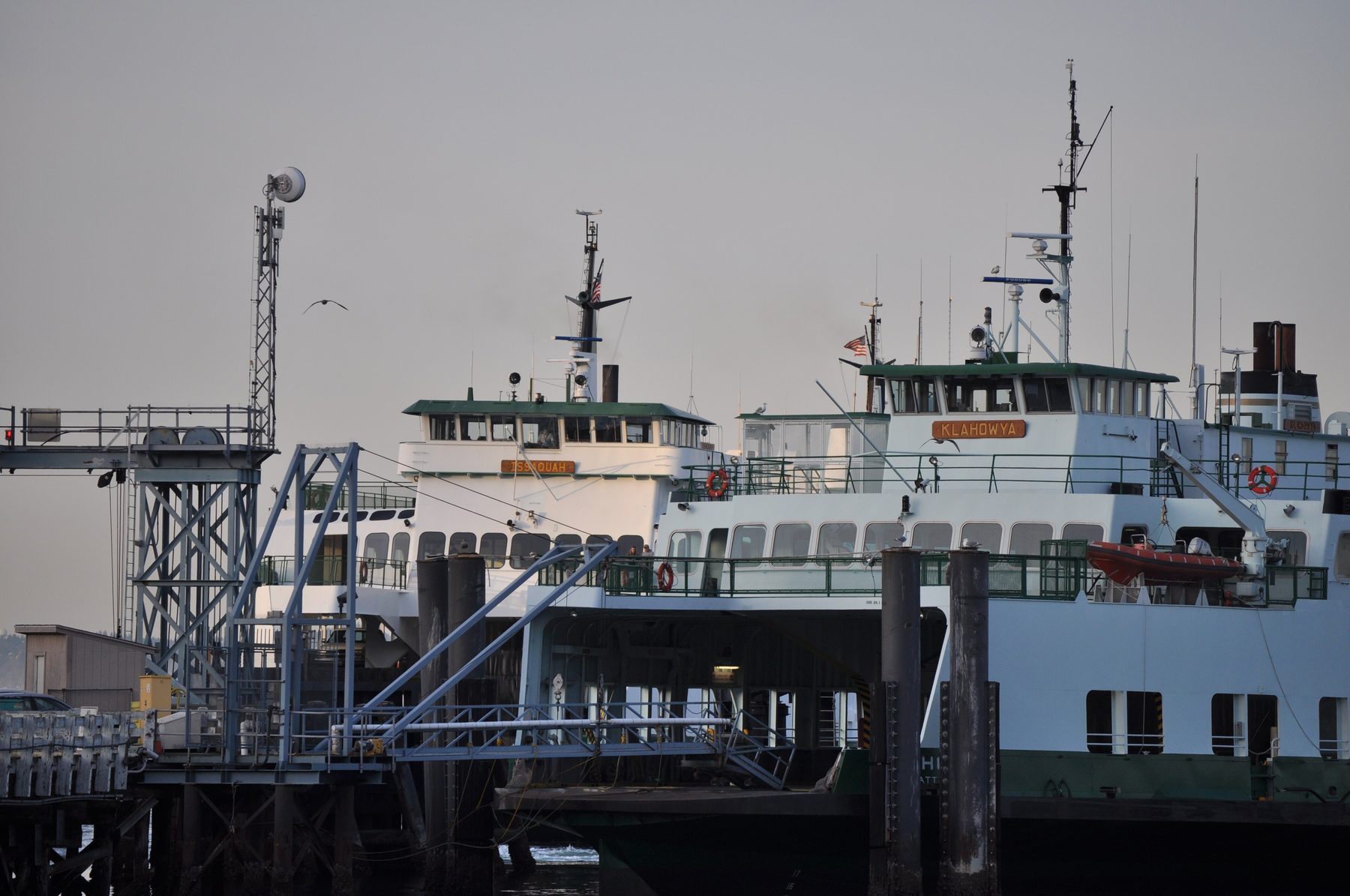 Two Washington State Ferries, MV Issaquah and MV Klahowya, docked at Vashon Heights