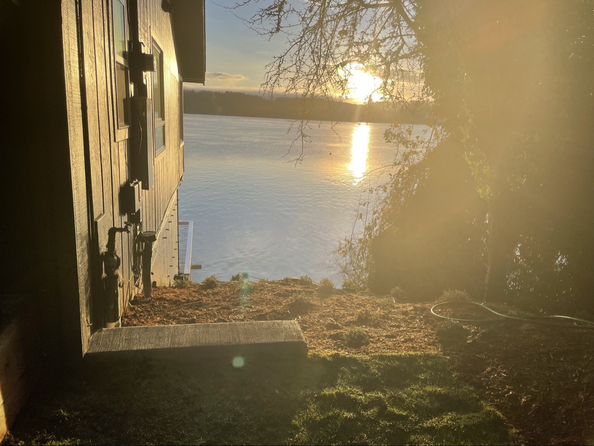Winter sunrise over the bay from the porch