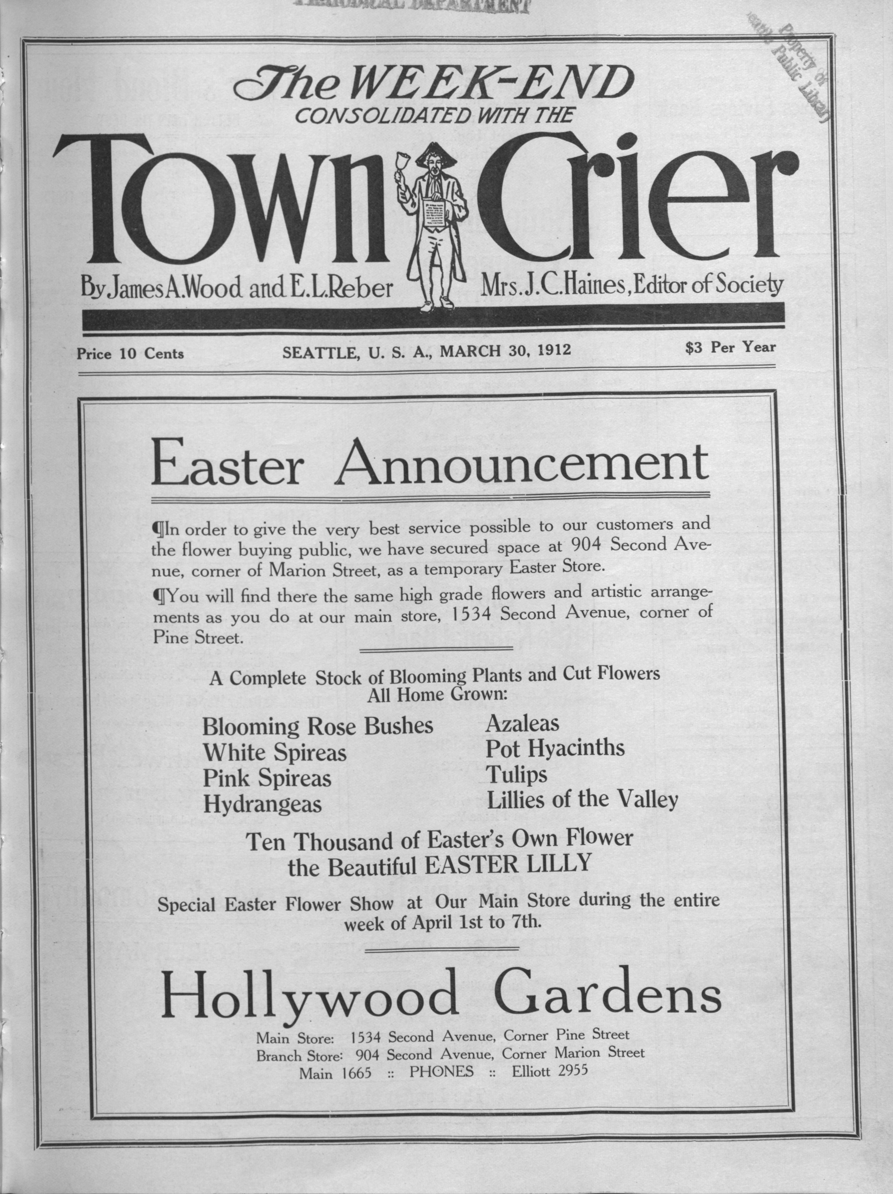 Front page of The Town Crier, a Seattle newspaper from March 30, 1912, covering the Hazzard trial